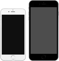 deux smartphones l'un à côté de l'autre, celui de droite est noir et celui de gauche est blanc, marquant la différence entre iPhone 6 à gauche et iPhone 6 Plus à droite