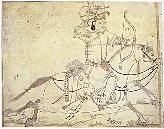 Une représentation timuride d'un archer mongol. (Signé (en bas à droite): Muhammad ibn Mahmudshah al-Khayyam, début du XVe&nbsp;siècle).