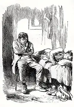 Tassé sur une chaise, bras croisés, un homme plongé dans ses pensées. À droite, un lit où gît un homme soit inconscient soit en train de dormir