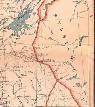 Carte de 1898 avec le lac Inari au nord-ouest et le Maanselkä au sud.