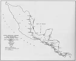 Carte de la Route panaméricaine avec son tracé à travers le Mexique et l'Amérique centrale en 1933