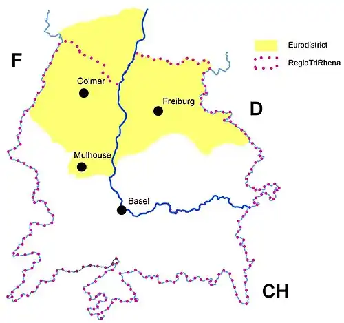 L'Eurodistrict mis en évidence sur une carte regroupant la France, l'Allemagne et la Suisse.