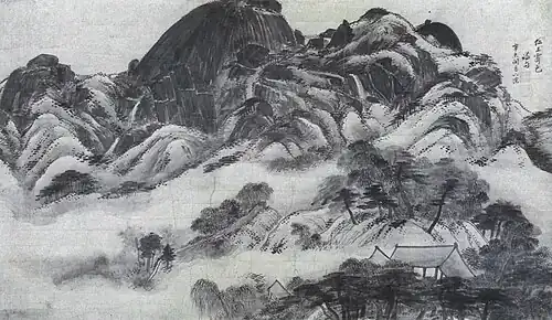 Éclaircie au mont Inwang après la pluie. Chŏng Sŏn (1676-1759). Encre sur papier, 1751. 79&nbsp;×&nbsp;138&nbsp;cm. Musée d'art Ho-Am