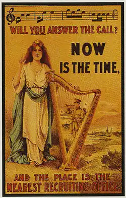 Affiche de recrutement irlandaise (présence d’une harpe celtique), (1917). Texte : « Will you answer the call? Now is the time, and the place is the nearest recruitment office. » pouvant se traduire en français par « Allez-vous répondre à l'appel ? Le moment est venu, et l'endroit est le bureau de recrutement le plus proche. ».