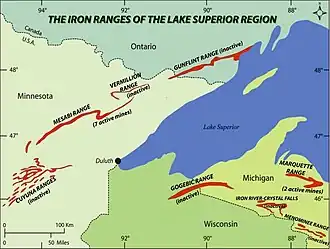 Carte des Iron Ranges, à l'ouest du lac Supérieur.