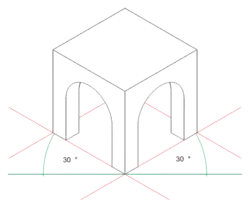 Schéma géométrique d'une construction architecturale simple représentée en perspective isométrique, sur lequel est précisée la taille des angles utilisée pour aboutir à cette représentation.