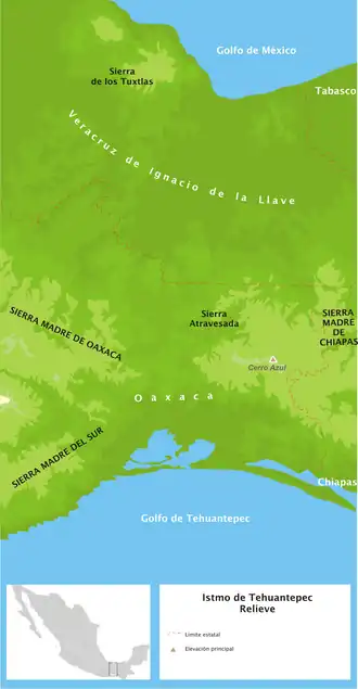 Carte de l'isthme de Tehuantepec avec le golfe au sud.