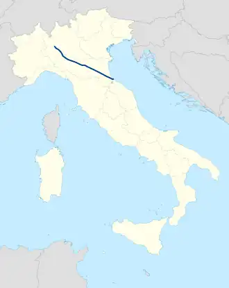 Parcours de la route sur une carte de l'Italie