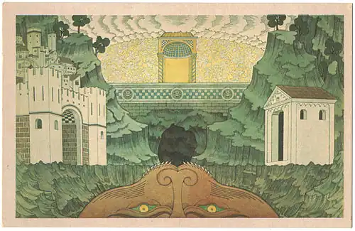 Trois dessins d'Ivan Bilibine pour Le Miracle de Théophile, réalisés à la gouache et au crayon, conservés au Bakhrushin Museum (en) de Moscou.
Description des illustrations:
* À gauche: Costume de scène 1. Scapulaire monastique (22,5 x 11,1 cm).
* Au centre : Costume de scène 2. Aube de prêtre (22,5 x 14,3 cm).
* À droite: Décor. Fond de scène.