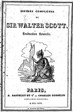 Couverture d'un livre en noir et blanc portant le titre Œuvres complètes de Walter Scott et illustré par un soldat du XIXe siècle assis
