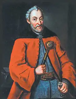 Hetman Jan Zamoyski vers 1600, portant une delia&nbsp;(pl) cramoisie sur un jupan&nbsp;(pl) de soie bleue.
