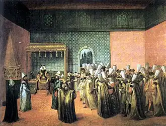 Le Sultan Ahmed III recevant l'ambassadeur de France, le Vicomte d'Andrezel au Palais de Topkapı.