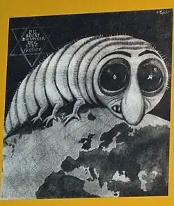 Gravure où l'on peut voir une termite se tenant sur un globe avec un gros nez et dans un œil le symbole du dollar, et dans l'autre œil le symbole du marteau et de la faucille