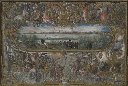 Vue de Séville à l'intérieur d'une bordure décorative