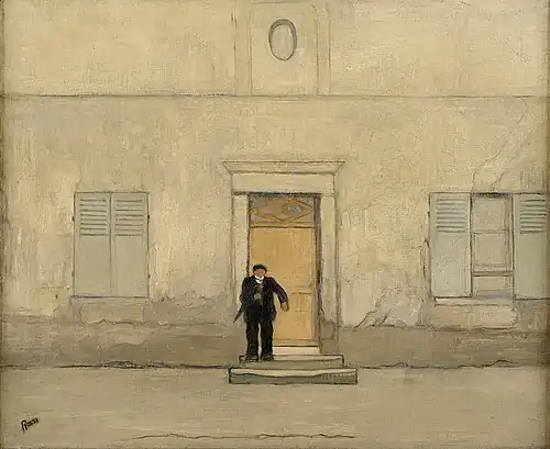L'Homme au parapluie devant sa maison (avant 1930), huile sur toile, coll. privée