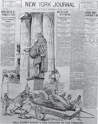 Une caricature en noir et blanc au milieu de textes d'un journal imprimé.