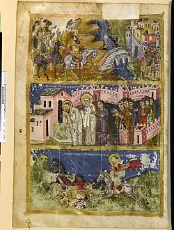 Miniature divisée verticalement en trois scènes.