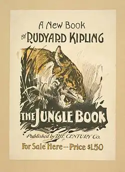 L'illustration, en noir, blanc et jaune, représente la tête de profil d'un tigre. Le texte : A new book by Rudyard Kipling, The Jungle Book published by The Century Co. For Sale Here - Price 1,50&nbsp;$.