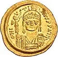 Avers d'une pièce en or (solidus) représentant Justin II.
