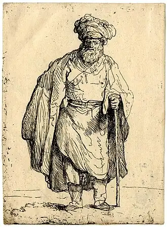 Homme oriental, debout de tout son long, portant un turban et un manteau, tenant un bâton, eau-forte d'après un dessin de Rembrandt (n. d.).