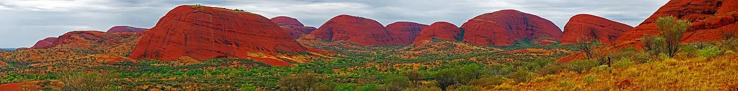 Ensemble des Kata Tjuta/monts Olga (1&nbsp;070&nbsp;m), Australie : inselbergs (arkoses néoprotérozoïques) et pédiment (plaine) dominé de 400 à 600 m ; modelé en dômes arrondis, ravinements et traces de décompression, méga-écaillage.