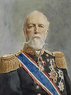 Oscar II de Suède et de Norvège (1829-1907) dans l'uniforme d'un général de l'armée norvégienne à l'ordre du lion de la Norvège.