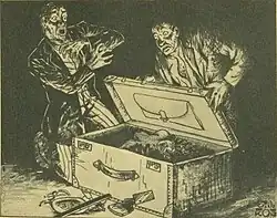 Illustration en noir et blanc représentant deux hommes découvrant un cadavre dans une malle.