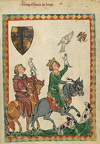 Planche 7r : Conrad de Hohenstaufen, à la chasse au faucon.