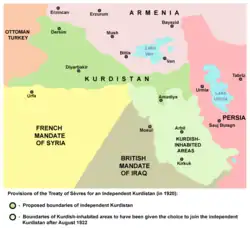 plan représentant les dispositions géographique du traité de Sèvres de 1920, avec le Kurdistan et au sud-est la zones peuplée de Kurdes, libre de rejondre le Kurdistan en 1922, bordés par l'Empire ottoman, l'Arménie, la Perse, le mandat britannique en Irak et le mandat français en Syrie.