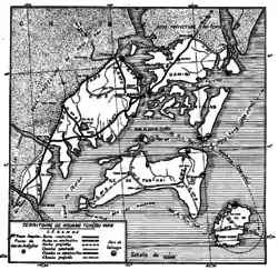 Carte en noir et blanc montrant la localisation de la baie de Kouang-Tchéou-Wan, dans la péninsule de Leizhou.