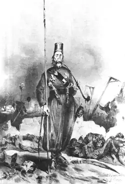 gravure : caricature : un soldat russe, décontracté, fumant la pipe parmi un charnier et les potences