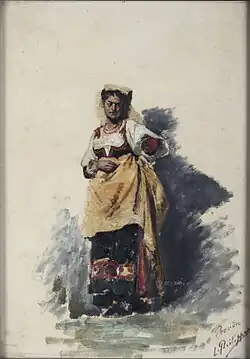 Gouache d'une femme du peuple italienne, qui se tient debout, vêtue d'une robe blanche, noire et rouge, avec un tablier jaune et une coiffe jaune clair.