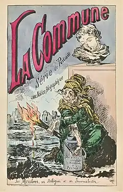 Au premier plan, une vieille femme portant un bidon de lait et une torche enflammée.