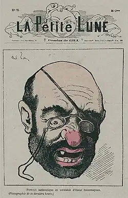 Caricature de presse montrant le visage d'un homme chauve, borgne, édenté, au nez rouge.