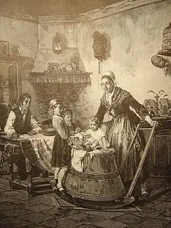 Usage ludique d'une baratte à bascule. Gravure de Corneille Petit, XIXe siècle.