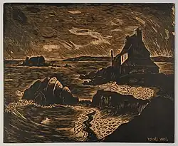 Le bois gravé par l'artiste représente une maison isolée sur des rochers en bord de mer. La planche est encrée.