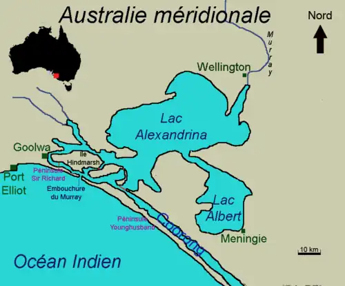 Localisation de l'île au Sud-Ouest du Lac Alexandrina.