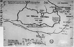 Carte du lac Teiocharontiong, dit communément Lac Érié (vers 1675). On y voit l'emplacement de la nation détruite Niagagarega, et cette description : chute haute de 120 toises par où le lac Teiocharontiong se décharge dans le lac Frontenac.