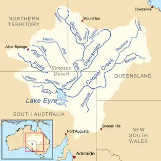 Carte du bassin du lac Eyre montrant la Cooper Creek.