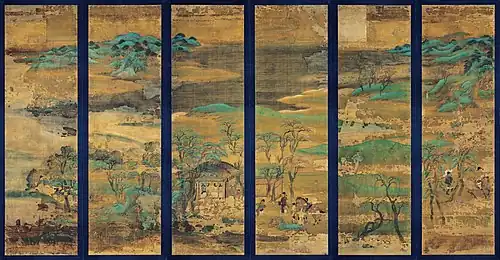 Paravent à décor de paysage. XIe – XIIe&nbsp;siècle. Couleurs, soie. 6 feuilles, ch. 146 x 42 cm. Milieu de l'époque Heian. Musée National de Kyoto.