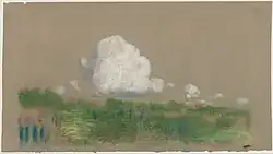 Landscape with Clouds, pastel et craie noire sur papier vélin vert-gris (15.6 x 26.8 cm).