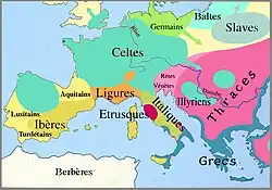 En orange, localisation hypothétique des Ligures au IIIe&nbsp;siècle&nbsp;av. J.-C. D'autres hypothèses l'estimaient plus vaste au néolithique.