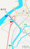 Pont de Langlois (rouge) et Pont Van Gogh&nbsp;(vert); Entrée du canal en 1888 (bleu).