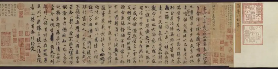 Copie du VIIe&nbsp;siècle de la Préface au Pavillon des Orchidées de Wang Xizhi, style courant. Musée du Palais de Pékin.