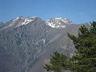 Le Coiro à gauche et la tête de l'Ermitat à droite vus depuis le col de Parquetout au sud.
