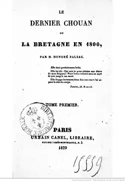 Couverture en noir et blanc d'un livre sans illustration sur lequel est écrit : Le dernier chouan ou la Bretagne en 1800, par Honoré de Balzac.