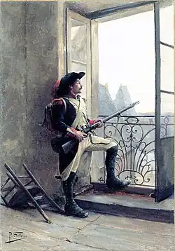 Peinture montrant un soldat républicain armé d'un fusil, placé devant une fenêtre ouverte et observant l'extérieur de la pièce.