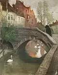 Louis Prat eau-forte 1908, le pont flamand à Bruges 50x40 cm