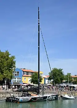 Voilier noir à quai, vu en entier.