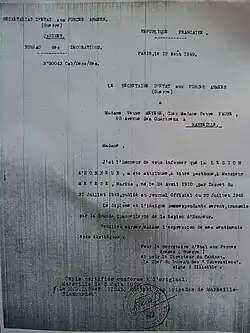 Certificat Légion Honneur Marius Méyère.